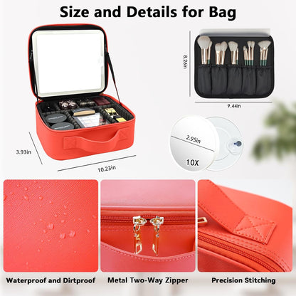 Travel Makeup Bag with LED Mirror and 10x magnifying glass with 3 Lighted Settings, Adjustable Dividers and Makeup Brush Storage Bag Red