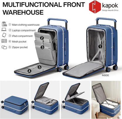 mixi Carry On Luggage Wide Handle Luxury Design Rolling Travel Suitcase PC Hardside with Aluminum Frame Hollow Spinner Wheels, with Cover, 20 inch, Sapphire Blue
