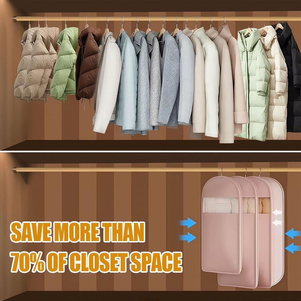 Space Saving Hanging Garment Bag With Self Compression Zipper,Garment Bags for Travel,Dust Cover for Coats Down Jackets, Closet Clothes Organizer with Clear Window (Beige, L*2Pcs)