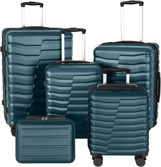 5-Piece Luggage Set, Lightweight ABS+PC Hard Shell Suitcase with YKK Zipper & TSA Lock for Family, Teal Blue, 14in/18in/20in/24in/28in