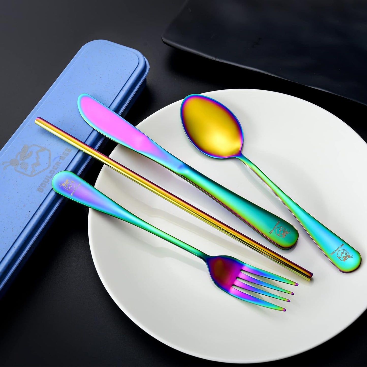 Boulder Bee | Travel Utensils Set | Reusable Camping Cutlery Set | Stainless Steel Flatware Set | Portable Silverware Set with Case | Includes Knife/Fork/Spoon/Straw/Cleaning Cloth/Case (Rainbow)