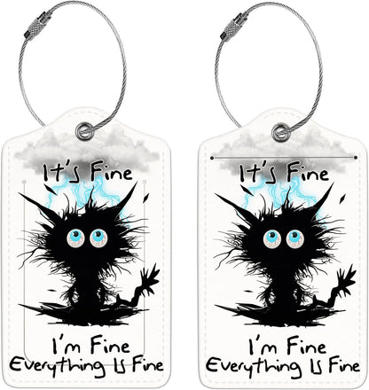 2 Pcs Luggage Tags for Suitcases, PU Leather Cruise Ship Luggage Tags with Privacy Cover Label Address Card and Durable Metal Ring Suitable for Men Women Handbags Backpacks,Cat hit by Lightning