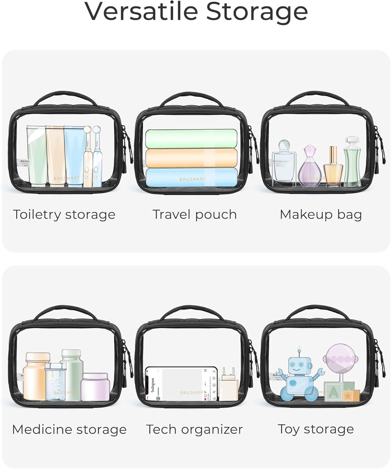 BAGSMART Clear TSA-Approved Toiletry Bag, 2 Pack Clear Makeup Bag with Handle, Quart Sized Travel Toiletry Organizer for Women