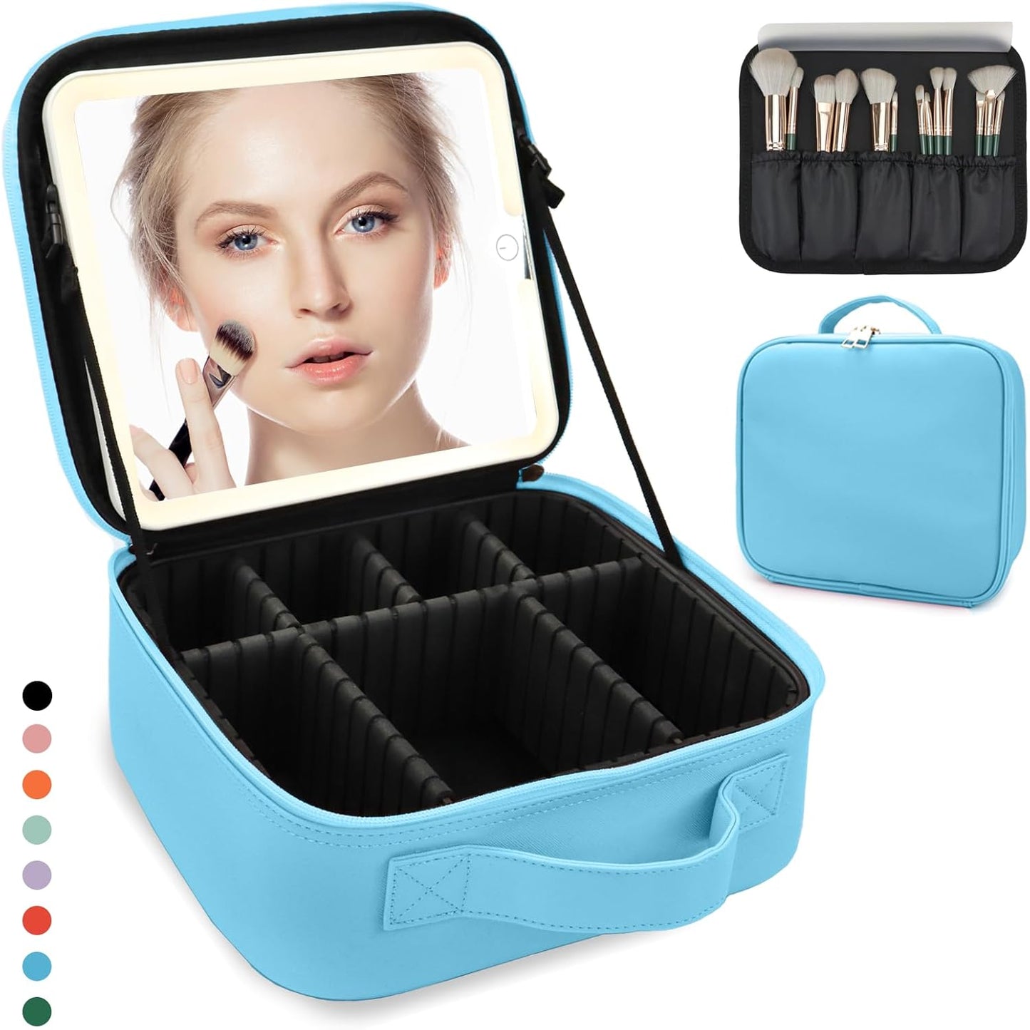 Travel Makeup Bag for Women and Makeup Artists Cosmetic Organizer Large Makeup Case,Travel Makeup Bag with Mirror 3 Color Setting,Portable Storage and Adjustable Dividers(blue)