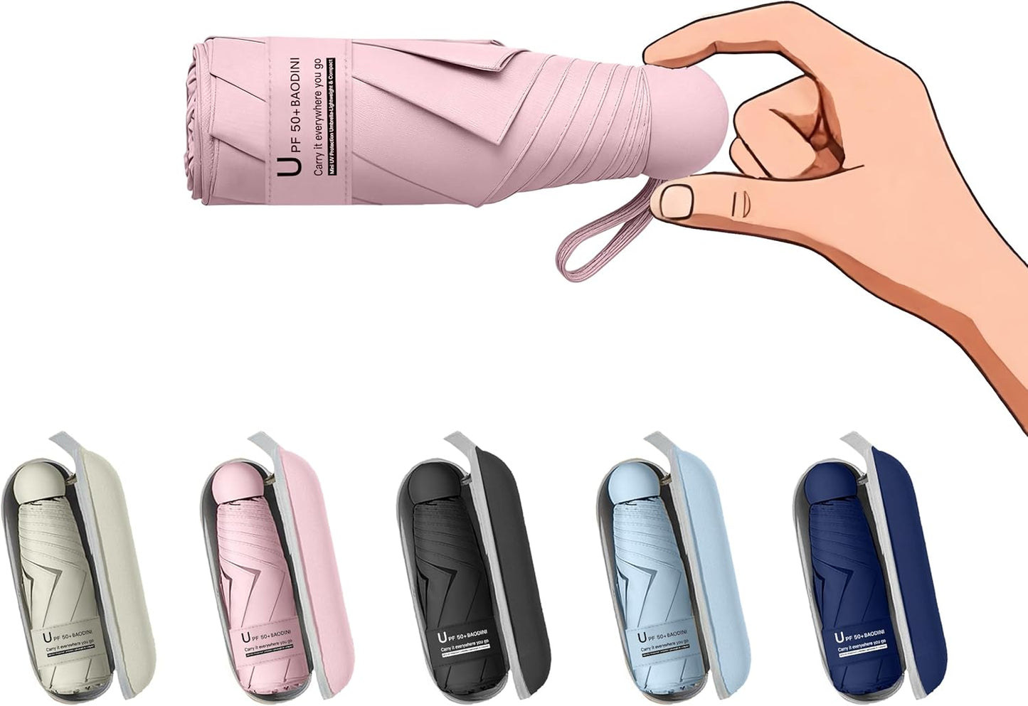 BAODINI Travel Mini Umbrella for Purse With Case Small Compact UV Sun Protection Sun Lightweight Tiny Pocket Umbrella for Women Girls and Men