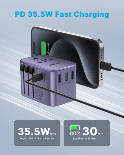 Universal Travel Adapter, VINTAR 35.5W International Power Adapter with 3 USB A QC and 2 USB C PD, All in One Plug Adapter Worldwide Travel Essentials for EU/UK/USA/AUS(Type C/G/A/I), Purple