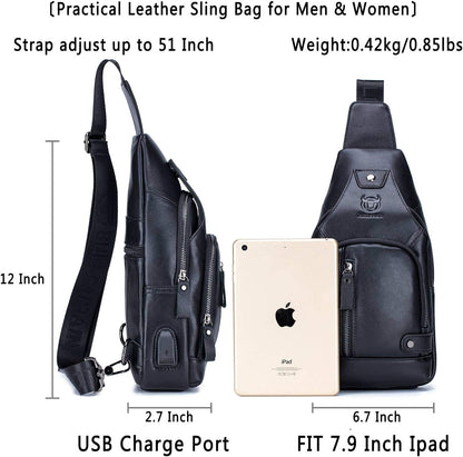 BULLCAPTAIN Leather Sling Bag Mens Chest Bag Casual Shoulder Crossbody Bags Travel Hiking Backpacks Daypack with USB Charging Port (Black)