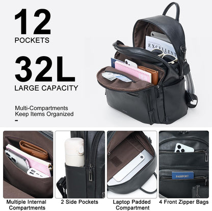 Backpack Purse for Women Laptop Backpack, Leather Travel Backpack Shoulder Bag Teacher College Daypack Work Handbag fits 14" Laptop-Black