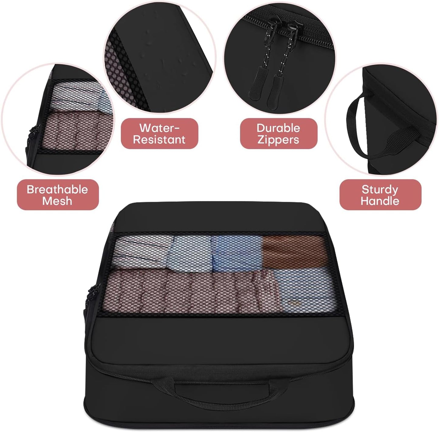 6 PCS Set Compression Packing Cubes for Travel, Lightweight Packing Organizer Bags Travel Essentials for Carry On, Suitcase, Home Closet - Black