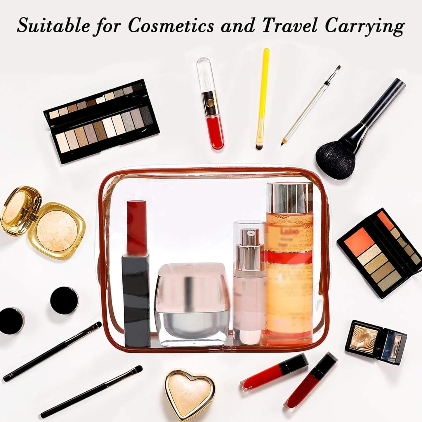 APREUTY Clear Makeup Bags, TSA Approved 6Pcs Cosmetic Makeup Bags Set Clear PVC w/Zipper Handle Portable Travel Luggage Pouch Airport Airline Bags Bathroom (Coffee)
