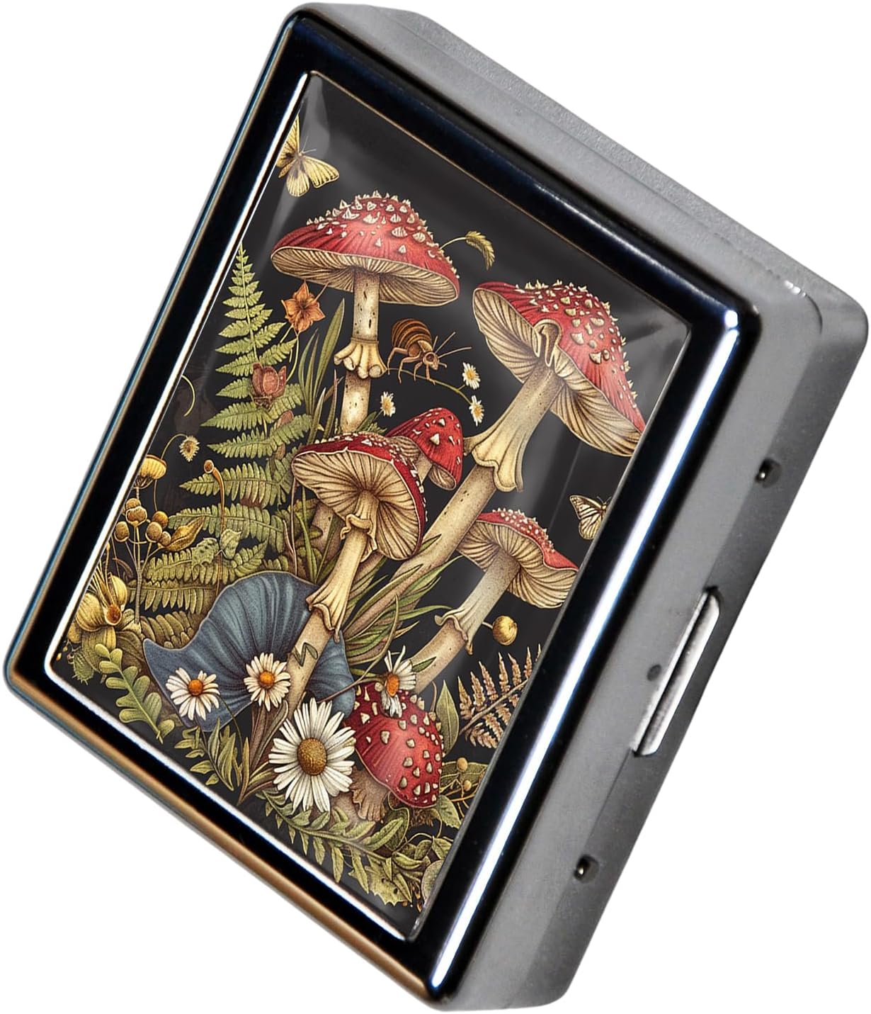 8‑Compartment Metal Pill Box Organizer – Portable Medicine Case 3″×2.6″ | Food‑Grade Dividers | Secure Snap Button Lid | Travel & Gift for Seniors (Enchanted Mushroom Grove)