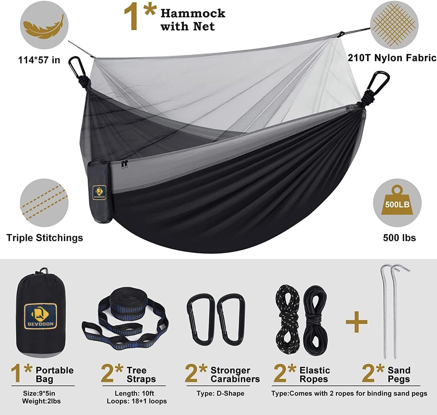 Camping Hammock with Net,Portable Lightweight Double Hammocks with Tree Straps and Solid D-Shape Carabiners,Parachute Nylon Hammock for Backpacking Beach Backyard Patio Hiking Black&Grey