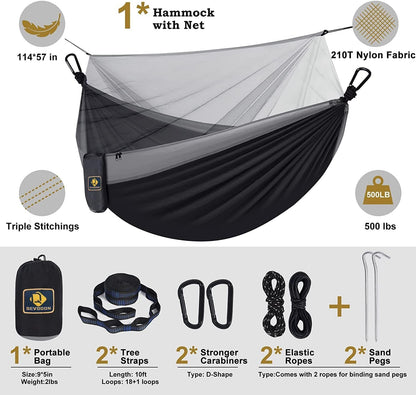 Camping Hammock with Net,Portable Lightweight Double Hammocks with Tree Straps and Solid D-Shape Carabiners,Parachute Nylon Hammock for Backpacking Beach Backyard Patio Hiking Black&Grey