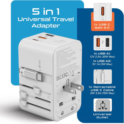Ceptics GAN 70W Universal Travel Adapter with 65cm Retractable USB-C Cable, 2X USB-A (1x QC 3.0), 1x Type C Port (PD 70W), Universal Power Adapter with Type A, C, G, I Output
