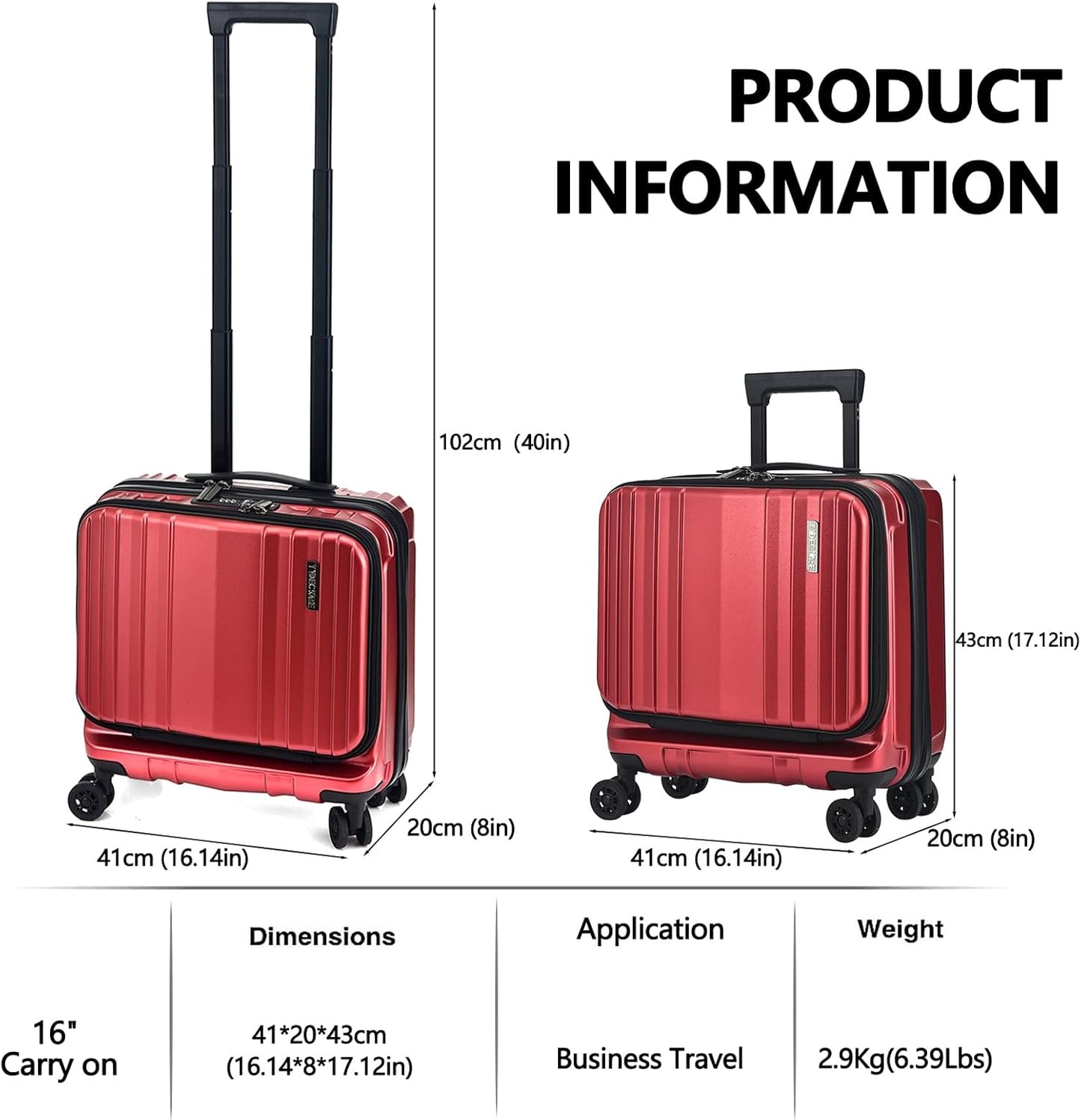 TydeCkare 16" Carry on Luggage with 2 Laptop Compartments, Lightweight Hardshell ABS+PC Suitcase with Dual Control TSA Lock, with YKK Zipper, 4 Spinner Silent Wheels, for Business Travel, Wine Red
