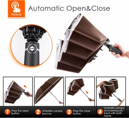 Bodyguard Inverted Umbrella - Large Windproof for Rain & Sun, Compact Reverse With Reflective Stripe, Teflon-Coated for Women Men, Travel Folding With Cover Bag