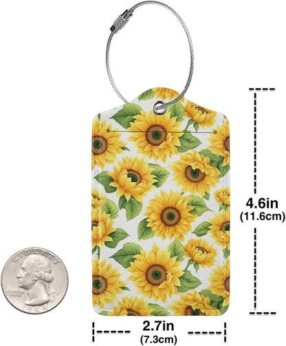Lovely Sunflower Leather Luggage Tag with Stainless Steel Ring, Fun Name Id Card Cover Travel Bag Tag Set, Suitable for Travel Bag Luggage Women Men 4 PCS