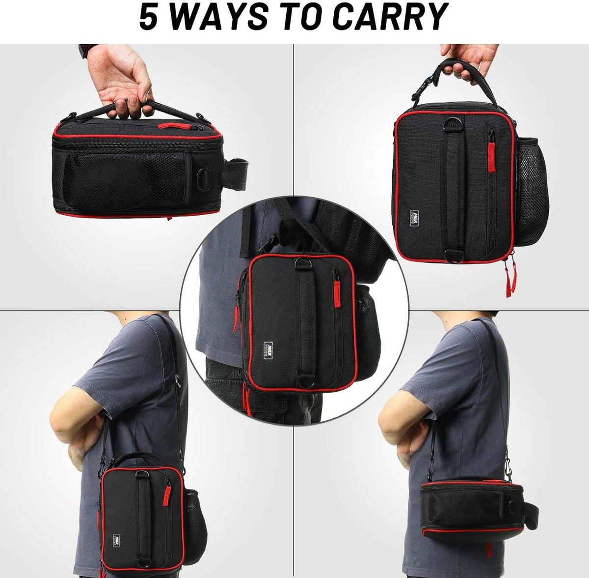 MIER Expandable Lunch Bag Insulated Lunch Box for Men to Work Travel Portable Lunchbox Bags with Shoulder Strap and Water Bottle Holder(Black/Red)