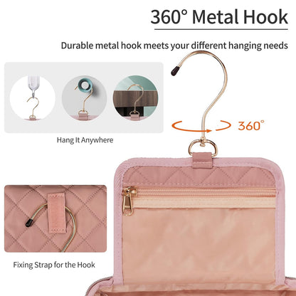 CUBETASTIC Travel Toiletry Bag, Makeup Bag for Women, Small Hanging Travel Bag for Toiletries with 3 Compartment, Portable Cosmetic Organizer Case, Water-resistant, Pink