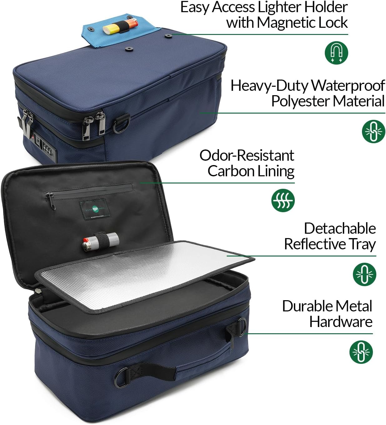 Large Storage Case with TSA Combination Lock Bag, Portable Carbon Lined, XL Medicine Lockable Box for Travel & Home Secured Box Organizer Divider Jars Accessories, Removable Tray (Blue)