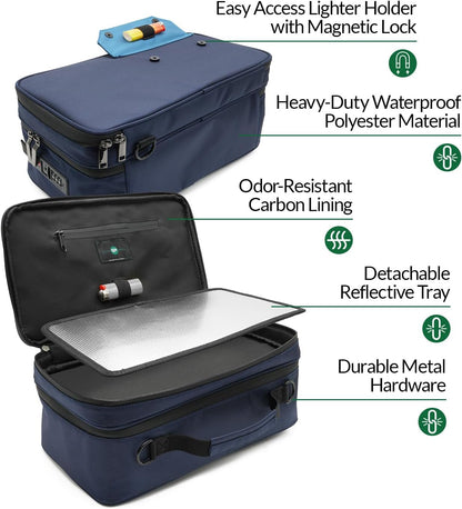 Large Storage Case with TSA Combination Lock Bag, Portable Carbon Lined, XL Medicine Lockable Box for Travel & Home Secured Box Organizer Divider Jars Accessories, Removable Tray (Blue)