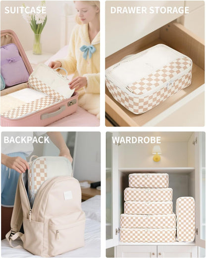 Narwey 7 Set Checkered Packing Cubes for Travel Carry on Suitcase Luggage Organizer Bags for Kids Women Men, Durable Packing Organizers Bag, Travel Essentials Accessories (Light Checkerboard)