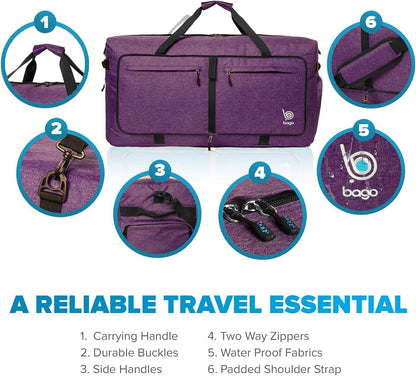 Bago Large Foldable Duffel Bags for Traveling Women & Men - 100L Packable Duffle Bag for Travel with Shoe Compartment - Water Repellant, Heavy Duty, Lightweight Folding & Collapsible (SnowDepPurple)