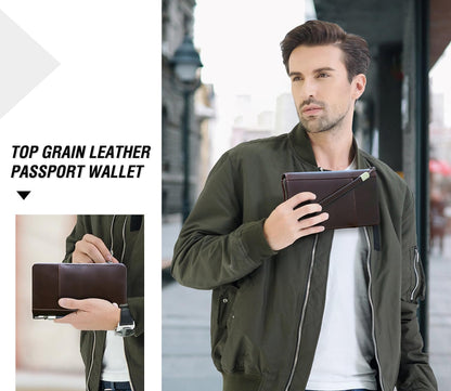 Top Grain Leather Travel Passport Wallet Holder for Man & Woman, Handmade with Three-Layer for 4 Passports & Multi Cards, RFID Blocking Large Capacity for Cards/Passports/Tickets, Coffee