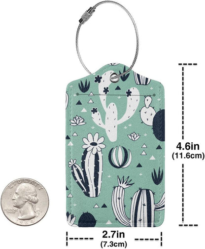 2 Pack Cute Cactus Green Suitcase Tags Identifiers Unique Leather Luggage Tags with Stainless Steel Loop Privacy Cover ID Label for Women Men Girls Boys Travel