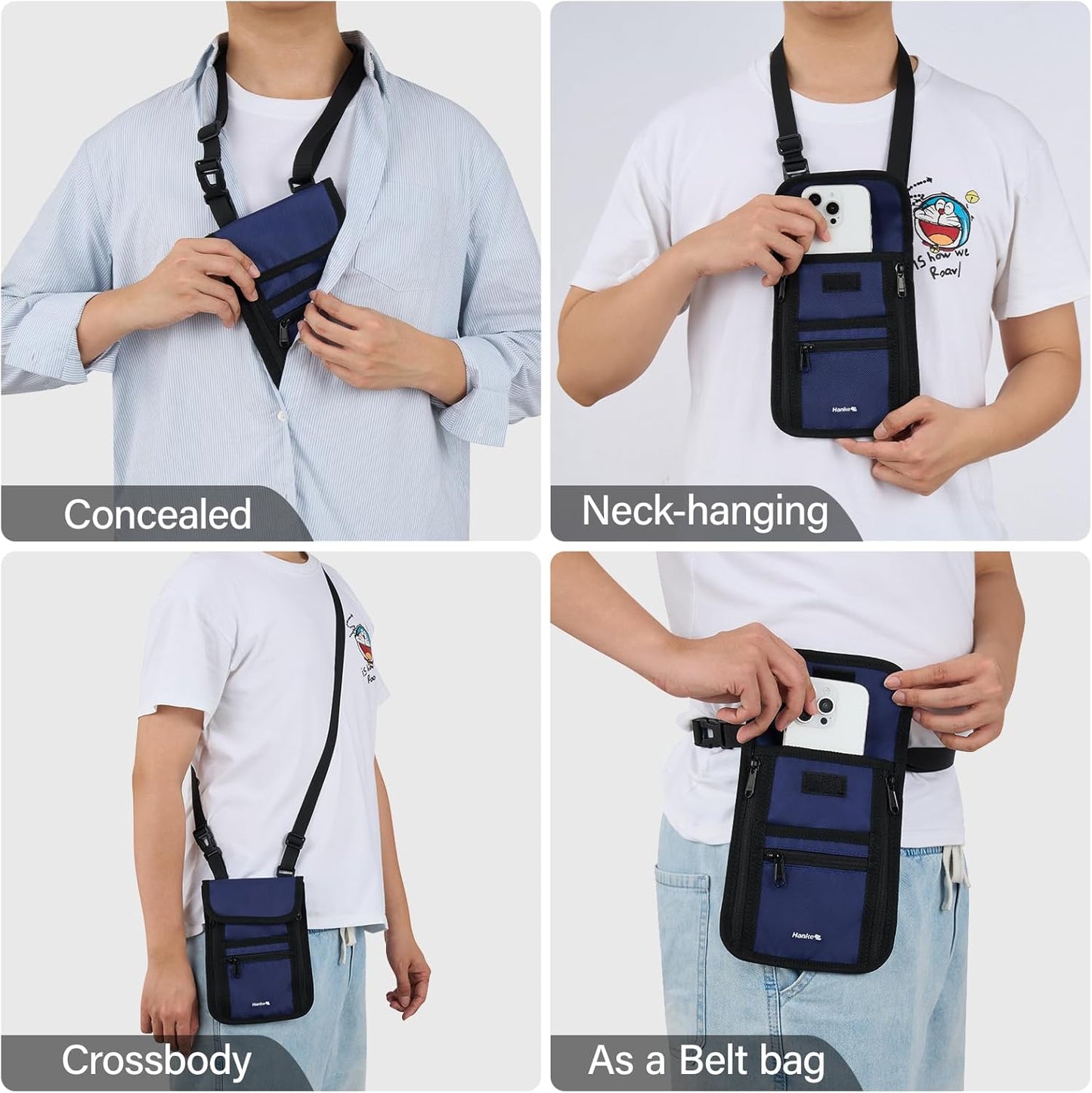 Hanke Passport Holder, Travel Wallet for Womens and Men, Neck Wallet Hidden Passport Pouch for Travel Adjustable Lightweight Thin with 6 compartments (Navy Blue)