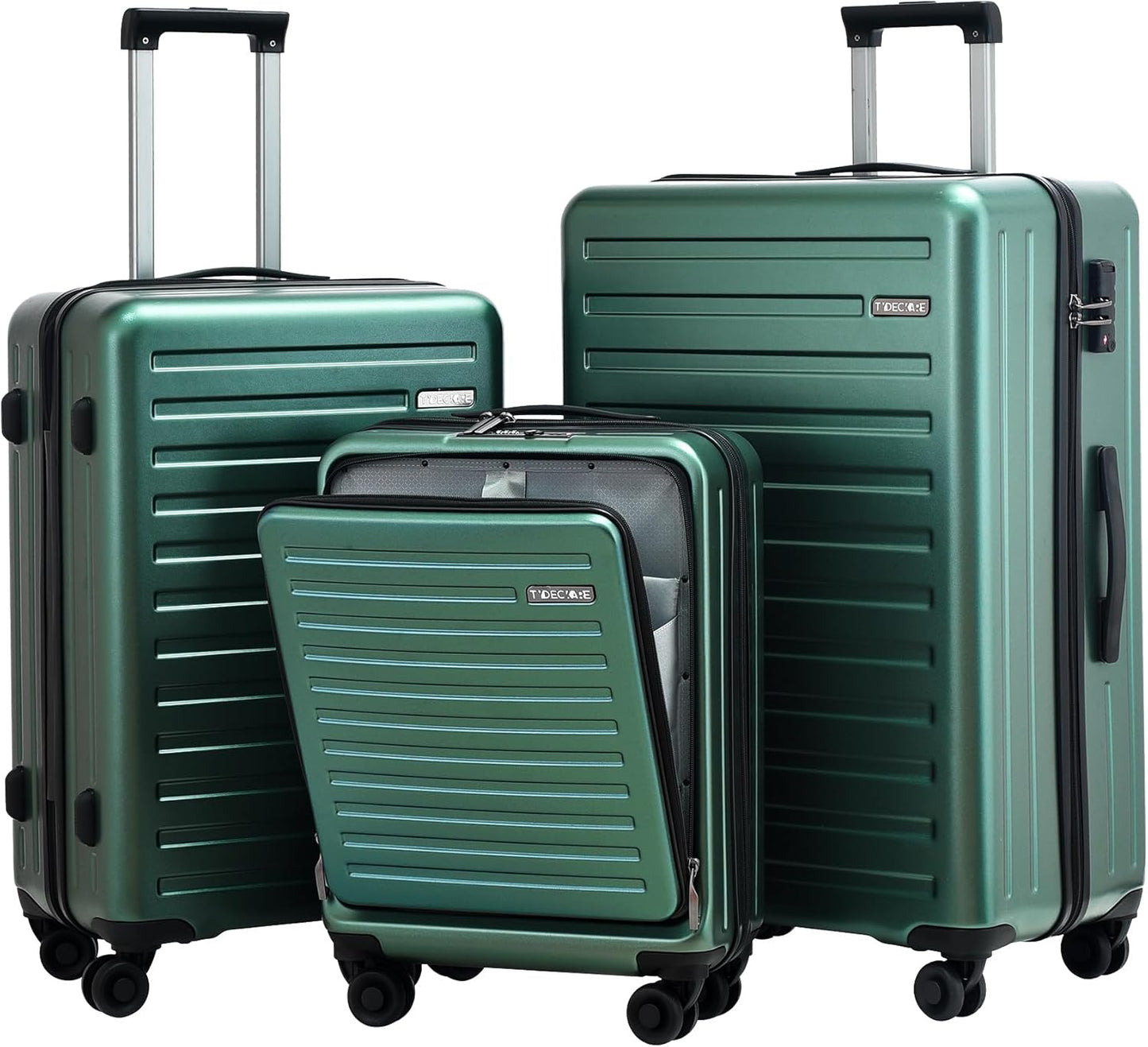 3Pcs (20/24/28) Luggage Set, HardShell Lightweight, Only 20" with Front Pocket, 21.65*15.35*7.87" Fits Overhead Cabin, 24" (26*17.7*10.2") and 28" (19.68*11.81*29.92") Checked Luggage, Green