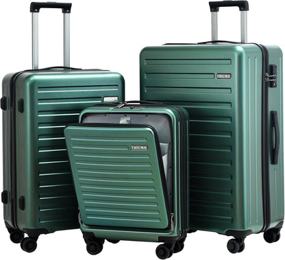 3Pcs (20/24/28) Luggage Set, HardShell Lightweight, Only 20" with Front Pocket, 21.65*15.35*7.87" Fits Overhead Cabin, 24" (26*17.7*10.2") and 28" (19.68*11.81*29.92") Checked Luggage, Green