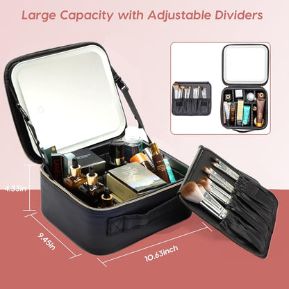 Travel Makeup Bag with LED Mirror – Waterproof Cosmetic Train Case with Adjustable Dividers, Portable Makeup Organizer and Toiletry Bag for Women, Pink Teens & Girls Gift