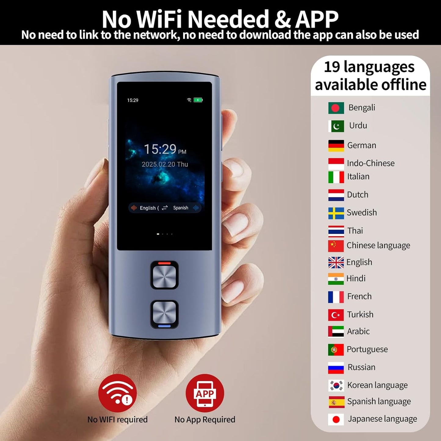 Language Translator Device, 159 Languages, 2025 AI Pocket Offline Instant Voice Translator, English to Spanish Translator Device, Communication Translation Device for Business Travel Study