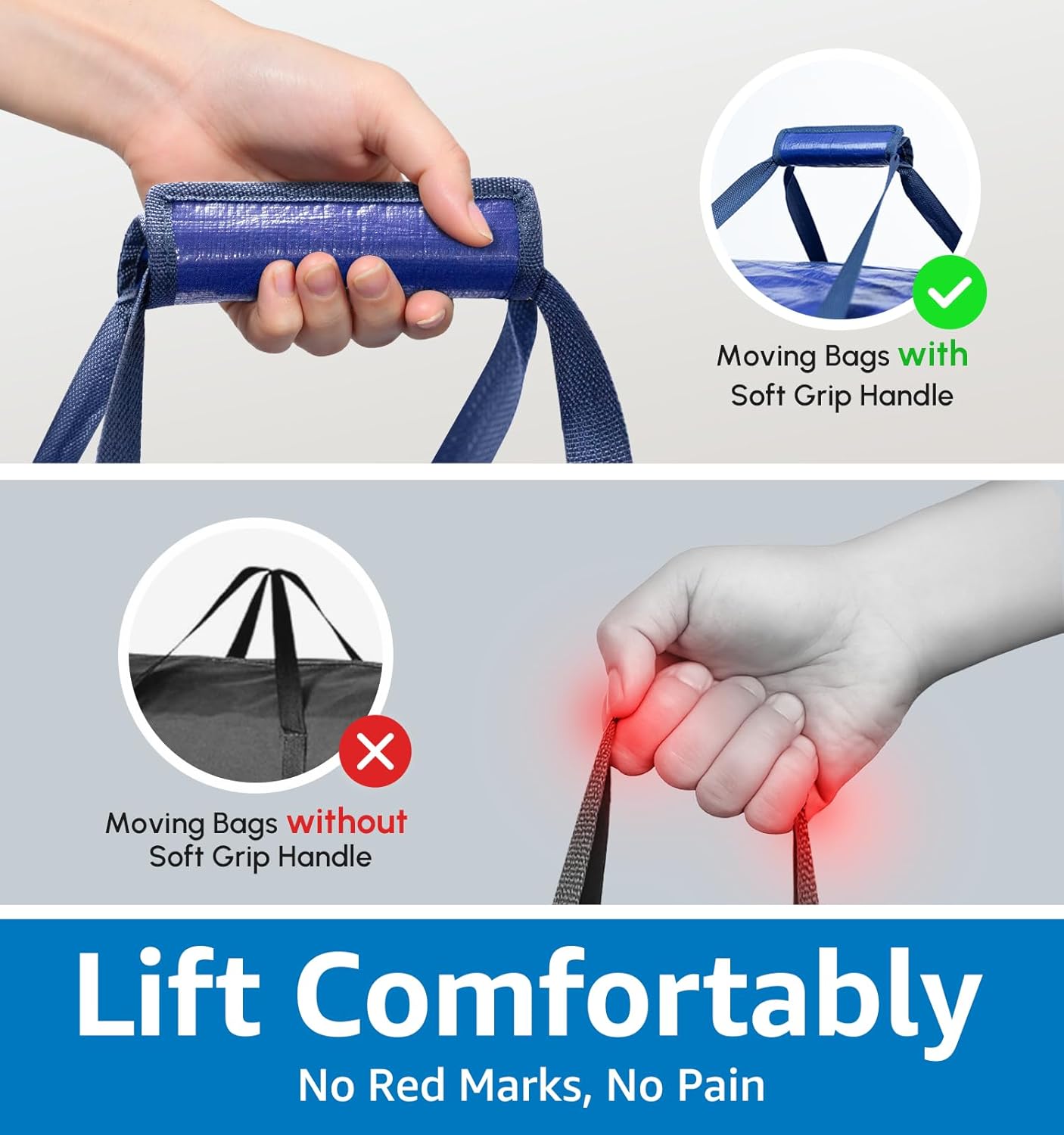 6 Pack Heavy Duty Moving Bags with Padded Wrap Around Handles-Strengthened Zipper Extra Large Storage Totes for Dorm College Clothes