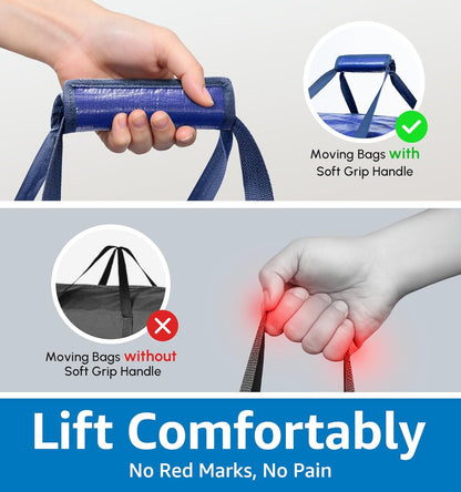 6 Pack Heavy Duty Moving Bags with Padded Wrap Around Handles-Strengthened Zipper Extra Large Storage Totes for Dorm College Clothes