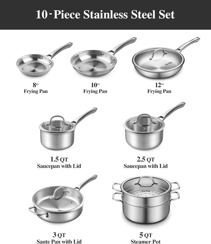 Stainless Steel Cookware Set,Tir-Ply Pots and Pans Set,13 Pcs Stainless Steel Induction Kitchen Cookware Sets,PFOA Free, Frying Pans,Saucepans,Saute Pan & Stock Pot,Compatible with All Cooktops