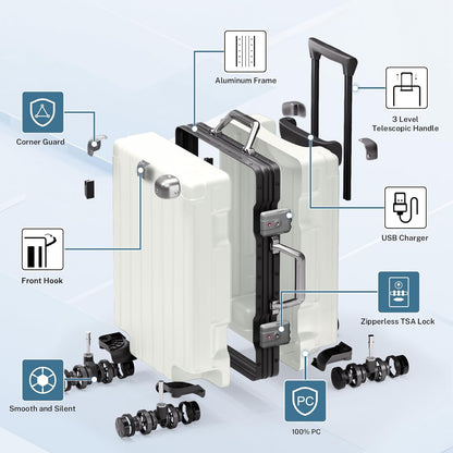 Krute Aluminum Frame Carry On Luggage 20 Inch Zipperless Luggages USB Charger Hardside PC Suitcase With Spinner Wheels Airline Approved Hard Shell Suitcases with TSA Lock (1 Piece)