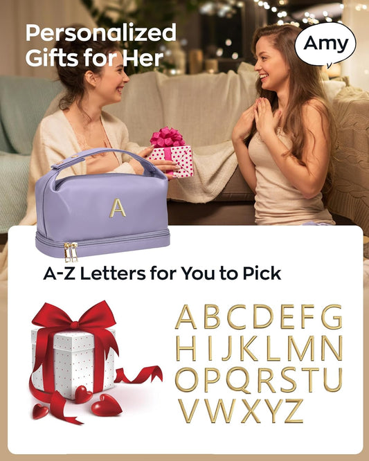 Personalized Makeup Bag with Handle, Initial Double Layer Cosmetic Bag with Makeup Brush Organizer,Gifts for Friends Female Mom