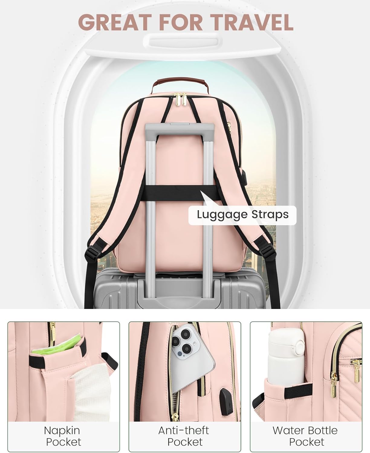 LOVEVOOK Laptop Backpack Purse for Women, Large Capacity Travel Business Computer Work Bag, Quilted Casual Nurse Backpack for Womens, Fit 15.6 Inch Laptop with USB Port, Nude