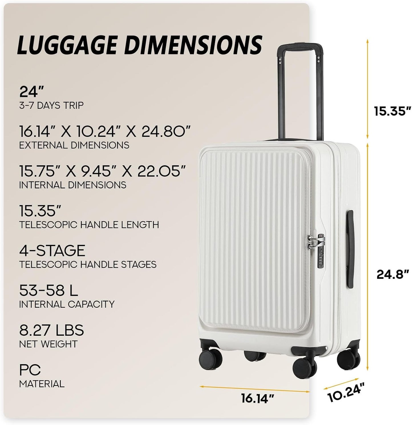 24 Inch Top Opening Checked Travel Luggage Expandable with Spinner Wheels,All PC Hard Shell Hardside Lightweight Medium Suitcase with TSA Approved Cup Holder for Business Trips Woman Men,White