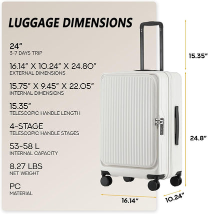 24 Inch Top Opening Checked Travel Luggage Expandable with Spinner Wheels,All PC Hard Shell Hardside Lightweight Medium Suitcase with TSA Approved Cup Holder for Business Trips Woman Men,White