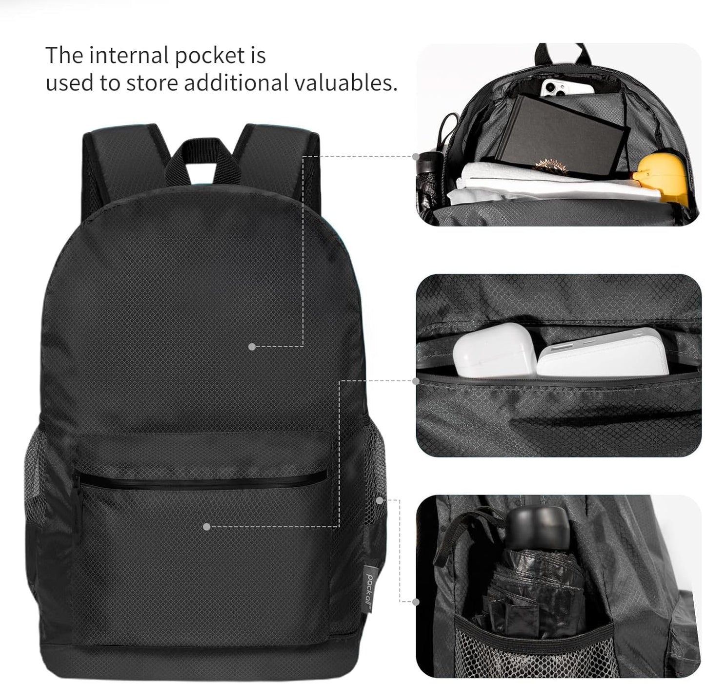 pack all 20L Lightweight Packable Backpack, Water Resistant Foldable Backpack, Travel Hiking Daypack with Waterproof Zippers (Black)