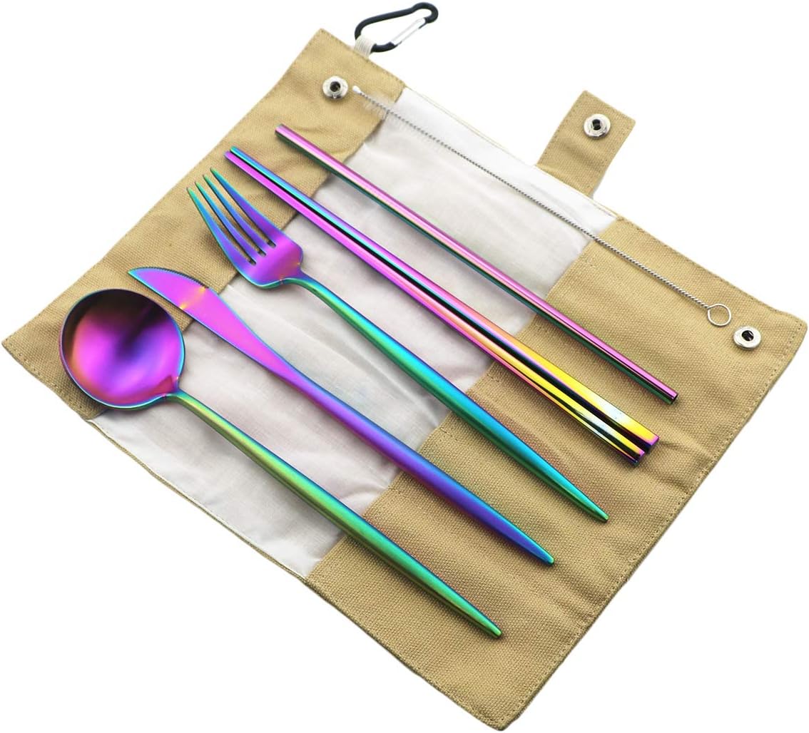 Gugrida Luxury Rainbow Matte Portable 18/10 Stainless Steel Travel Flatware Sets of 7 Portable Camping Cutlery Set, Healthy & Eco-Friendly Flatware Set with Carrying Case for Travel or Camping