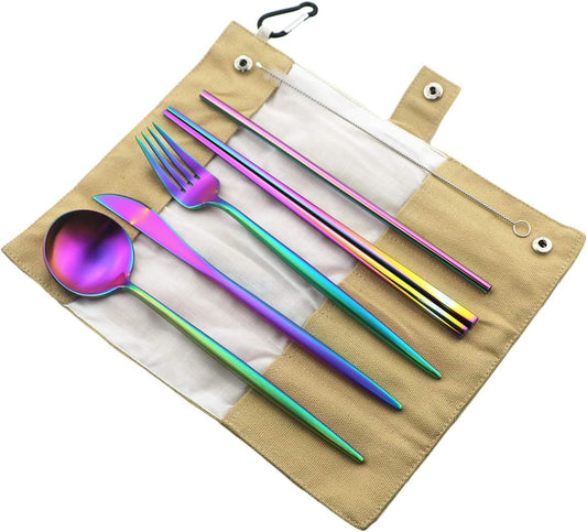 Gugrida Luxury Rainbow Matte Portable 18/10 Stainless Steel Travel Flatware Sets of 7 Portable Camping Cutlery Set, Healthy & Eco-Friendly Flatware Set with Carrying Case for Travel or Camping