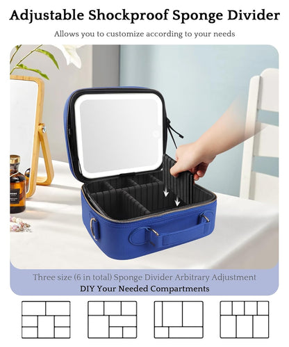 MOMIRA Travel Makeup Bag Cosmetic Bag with Lighted Mirror, Adjustable Brightness in 3 Color Scenarios/Detachable makeup mirror, All-round Upgrade, Waterproof, Gift for Women -Blue