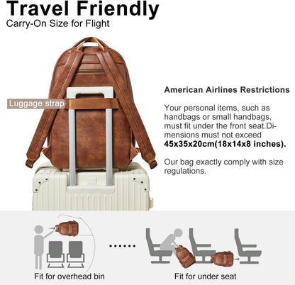 30L Business Laptop Backpack for Women Men, Travel Work Backpack Purse Faux Leather College Bookbag fits 15.6" Laptop - Brown