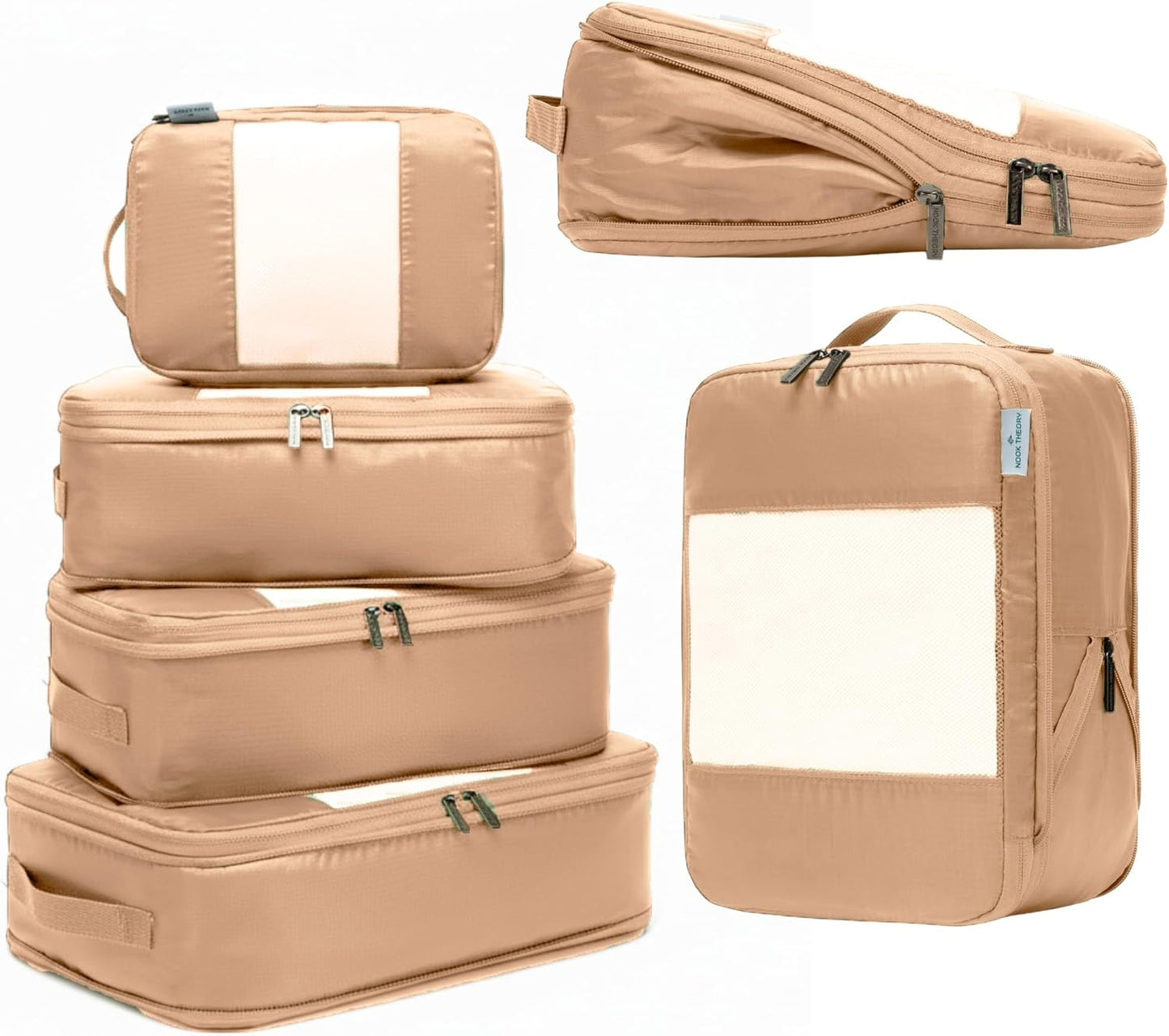 6-Pack Compression Packing Cubes Travel Essentials - Lightweight, Water-Resistant Luggage Organizer Bags with Handles, Durable Travel Accessories Suitcase Organizer (Mocha)