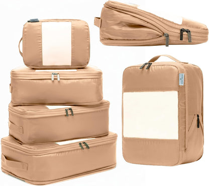 6-Pack Compression Packing Cubes Travel Essentials - Lightweight, Water-Resistant Luggage Organizer Bags with Handles, Durable Travel Accessories Suitcase Organizer (Mocha)