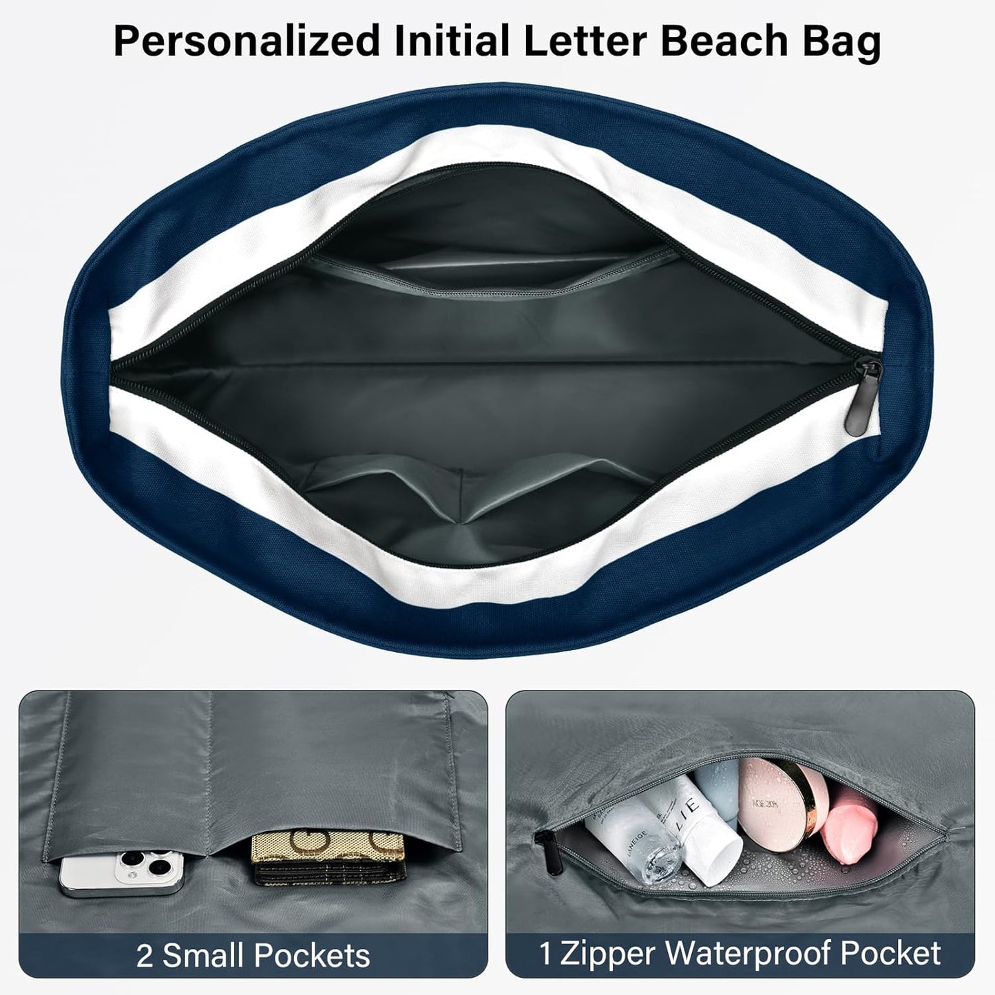 Becokan Beach Bag Initial Beach Tote with Makeup Bag for Travel Work Storage Personalized Birthday Gifts for Women Her